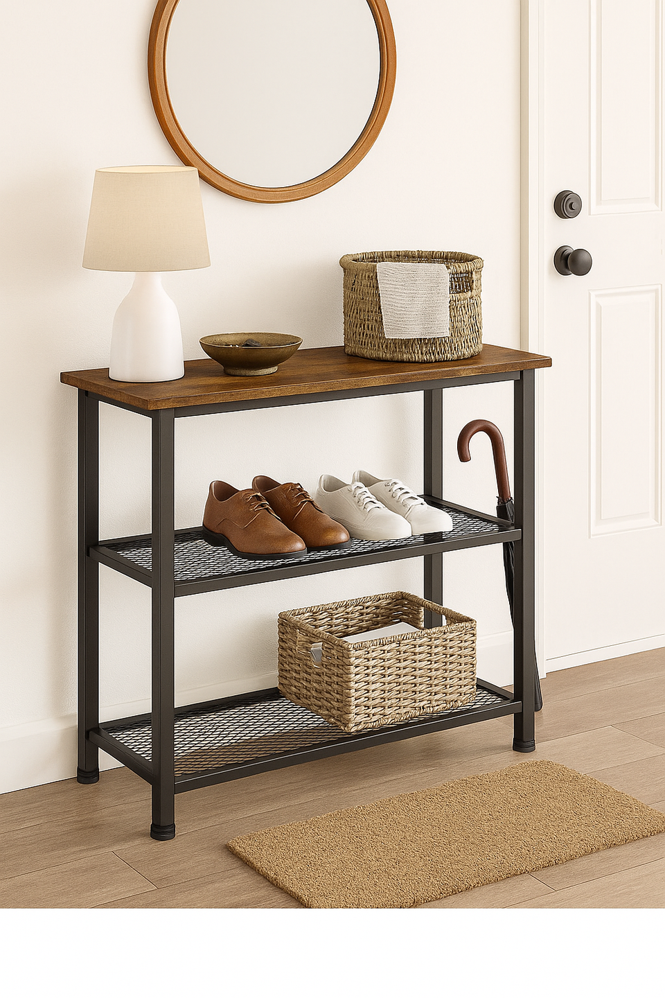 Rustic Wooden Shoe Rack Stand with Mesh Shelves – Holds 6–8 Pairs