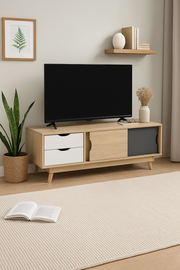 Lavish Kitchen Isle modern TV stand cabinet in Sonoma Oak with 2 doors and 2 drawers, minimalist design for living room storage