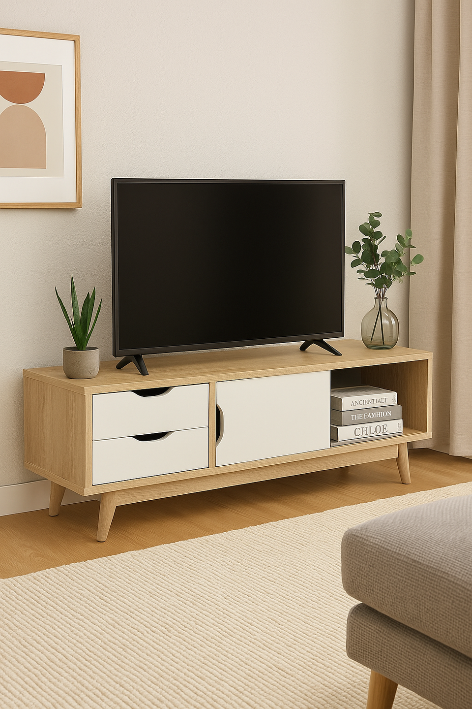 Modern Sonoma Oak TV Stand Cabinet – 2 Doors & 2 Drawers