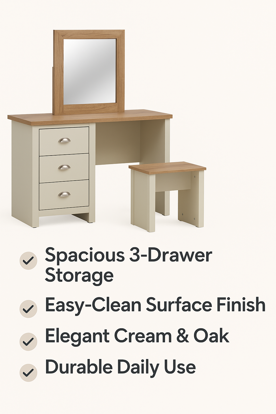 Hearth Cream Dressing Table with 3 Drawers – Elegant Bedroom Vanity with Oak-Effect Top