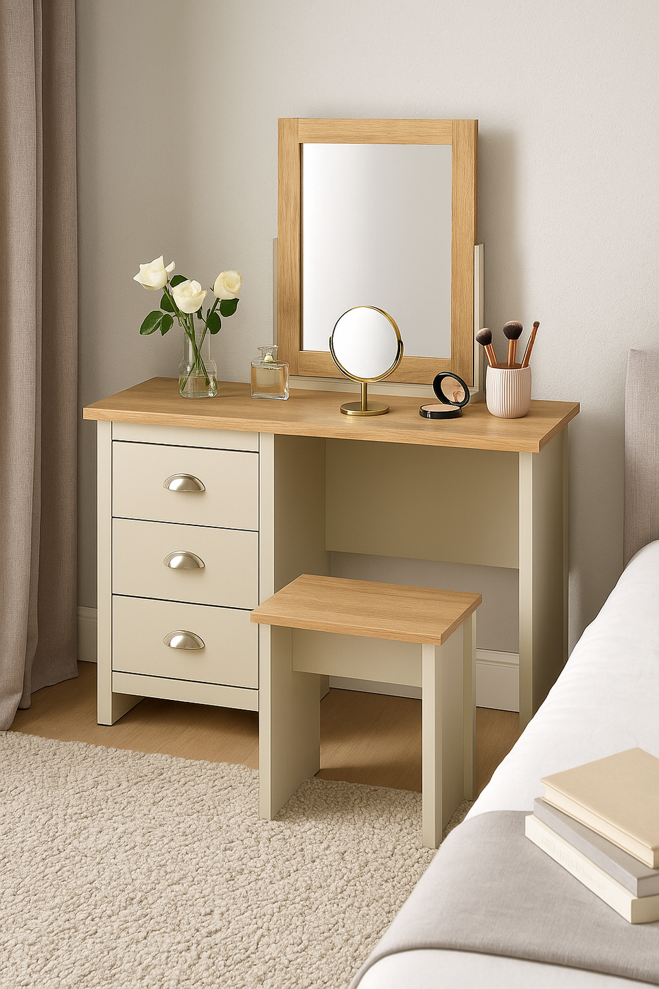 Hearth Cream Dressing Table with 3 Drawers – Elegant Bedroom Vanity with Oak-Effect Top