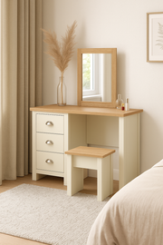 Hearth Cream Dressing Table with 3 Drawers – Elegant Bedroom Vanity with Oak-Effect Top - Lavish Kitchen Isle