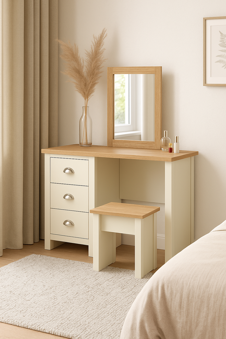 Hearth Cream Dressing Table with 3 Drawers – Elegant Bedroom Vanity with Oak-Effect Top