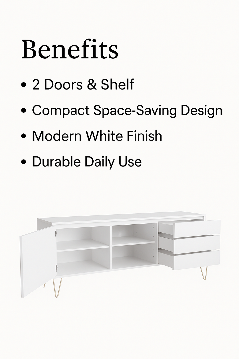 Fifomi White Sideboard Cabinet with 2 Doors & 3 Drawers – Modern Gold Leg Design