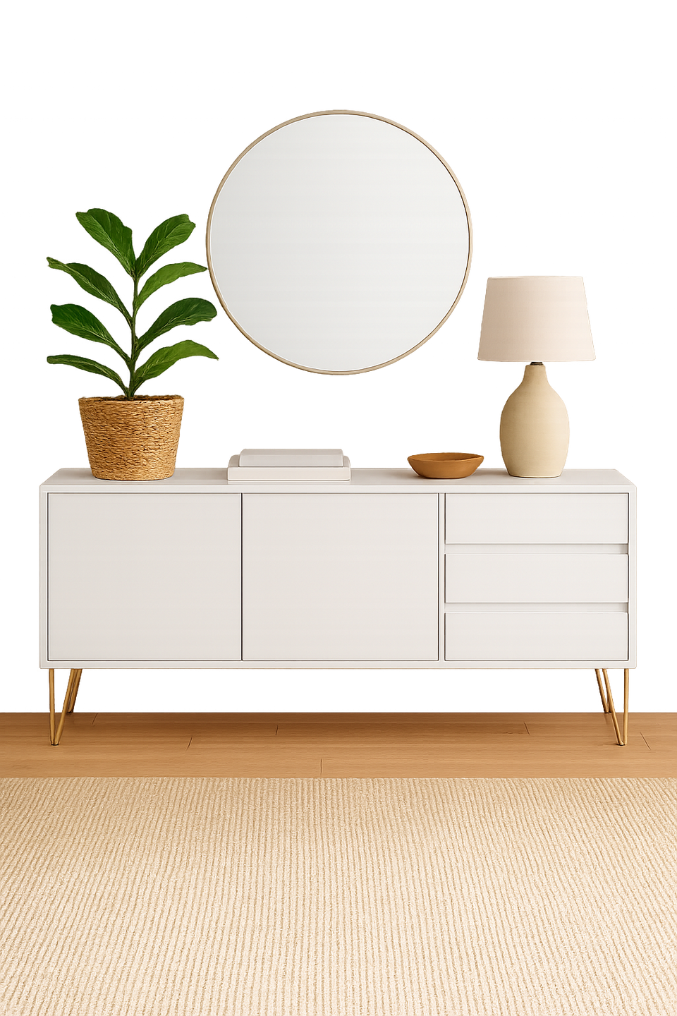 Fifomi White Sideboard Cabinet with 2 Doors & 3 Drawers – Modern Gold Leg Design