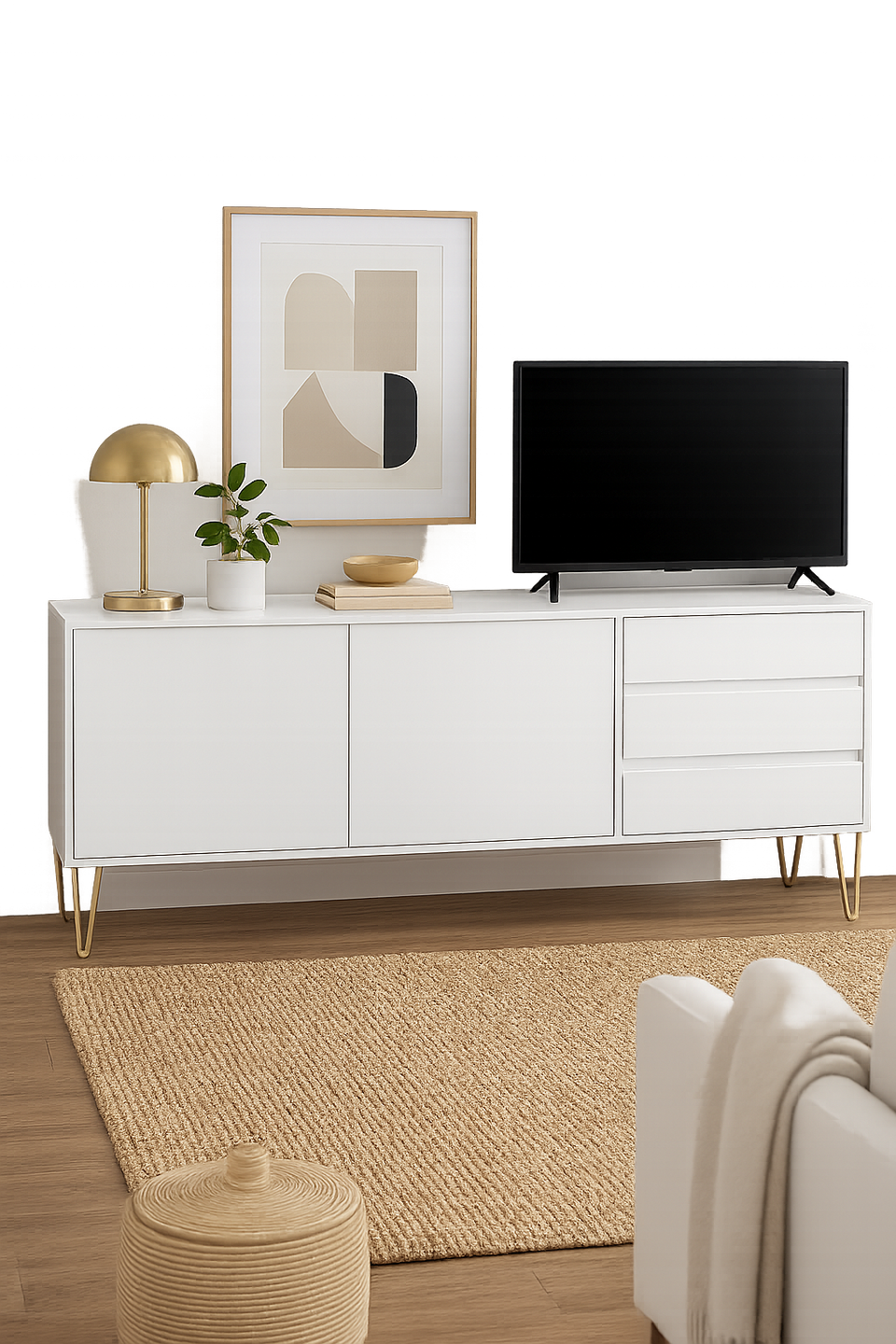 Fifomi White Sideboard Cabinet with 2 Doors & 3 Drawers – Modern Gold Leg Design