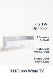 Fifi-Mo White TV Stand Cabinet Unit with 2 Drawers – Modern High Gloss TV Unit with Gold Legs