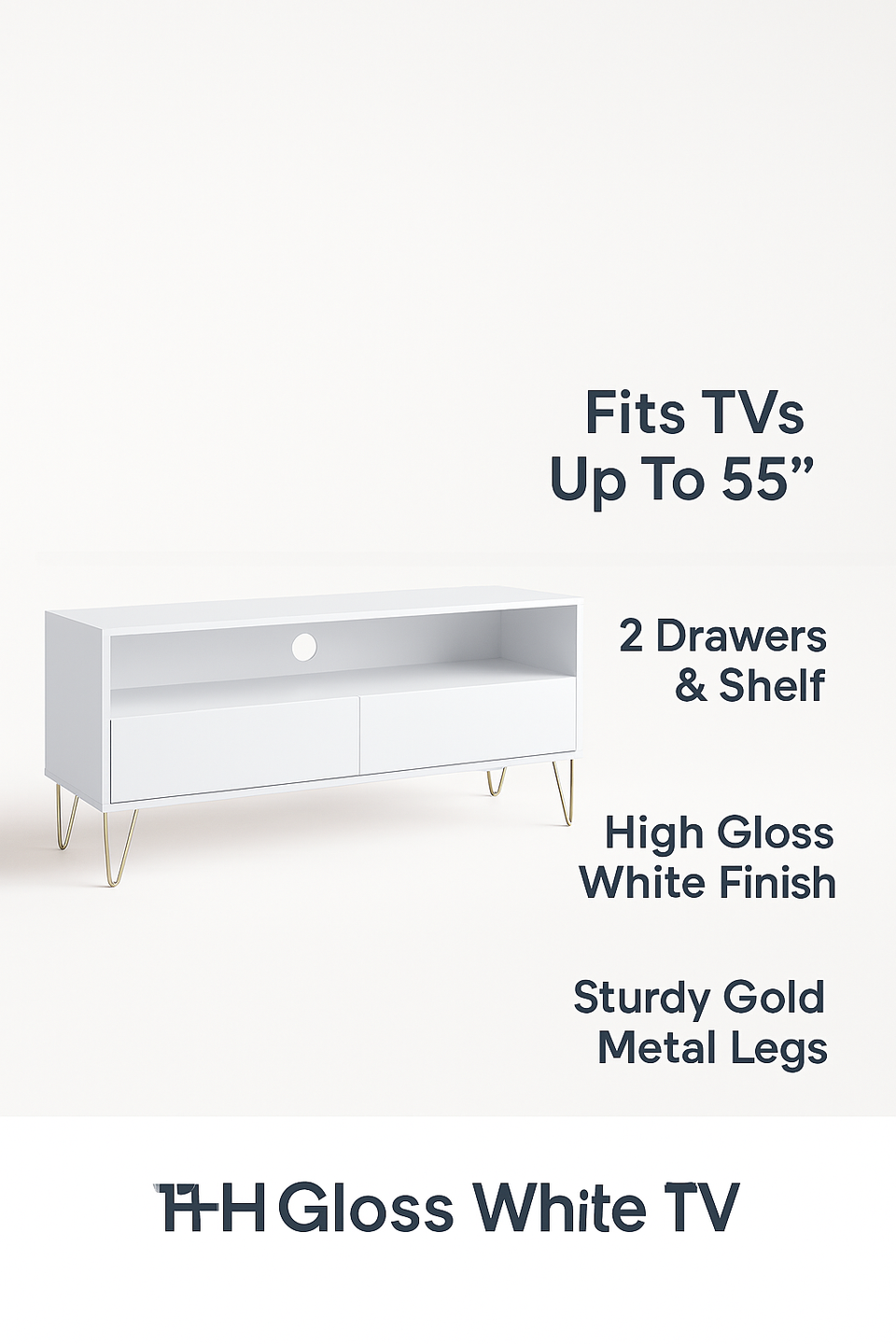 Fifi-Mo White TV Stand Cabinet Unit with 2 Drawers – Modern High Gloss TV Unit with Gold Legs