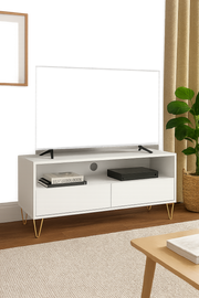 Fifi-Mo White TV Stand Cabinet Unit with 2 Drawers – Modern High Gloss TV Unit with Gold Legs