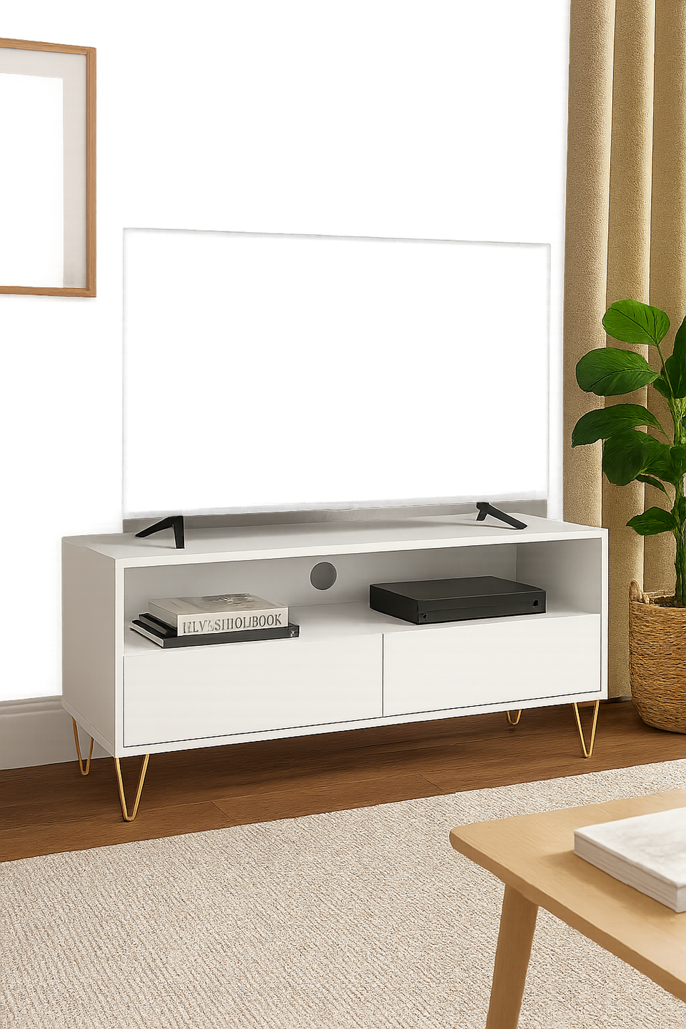 Fifi-Mo White TV Stand Cabinet Unit with 2 Drawers – Modern High Gloss TV Unit with Gold Legs