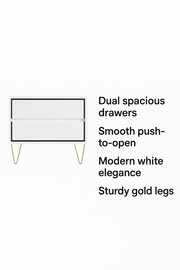 Fifomi 2 Drawer Bedside Table – Modern White Nightstand with Gold Legs and Storage Drawers Bedside Shelf Table for Bedroom