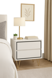 Fifomi 2 Drawer Bedside Table – Modern White Nightstand with Gold Legs and Storage Drawers Bedside Shelf Table for Bedroom