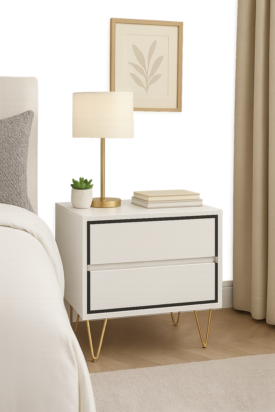 Fifomi 2 Drawer Bedside Table – Modern White Nightstand with Gold Legs and Storage Drawers Bedside Shelf Table for Bedroom
