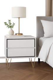 Fifomi 2 Drawer Bedside Table – Modern White Nightstand with Gold Legs and Storage Drawers Bedside Shelf Table for Bedroom
