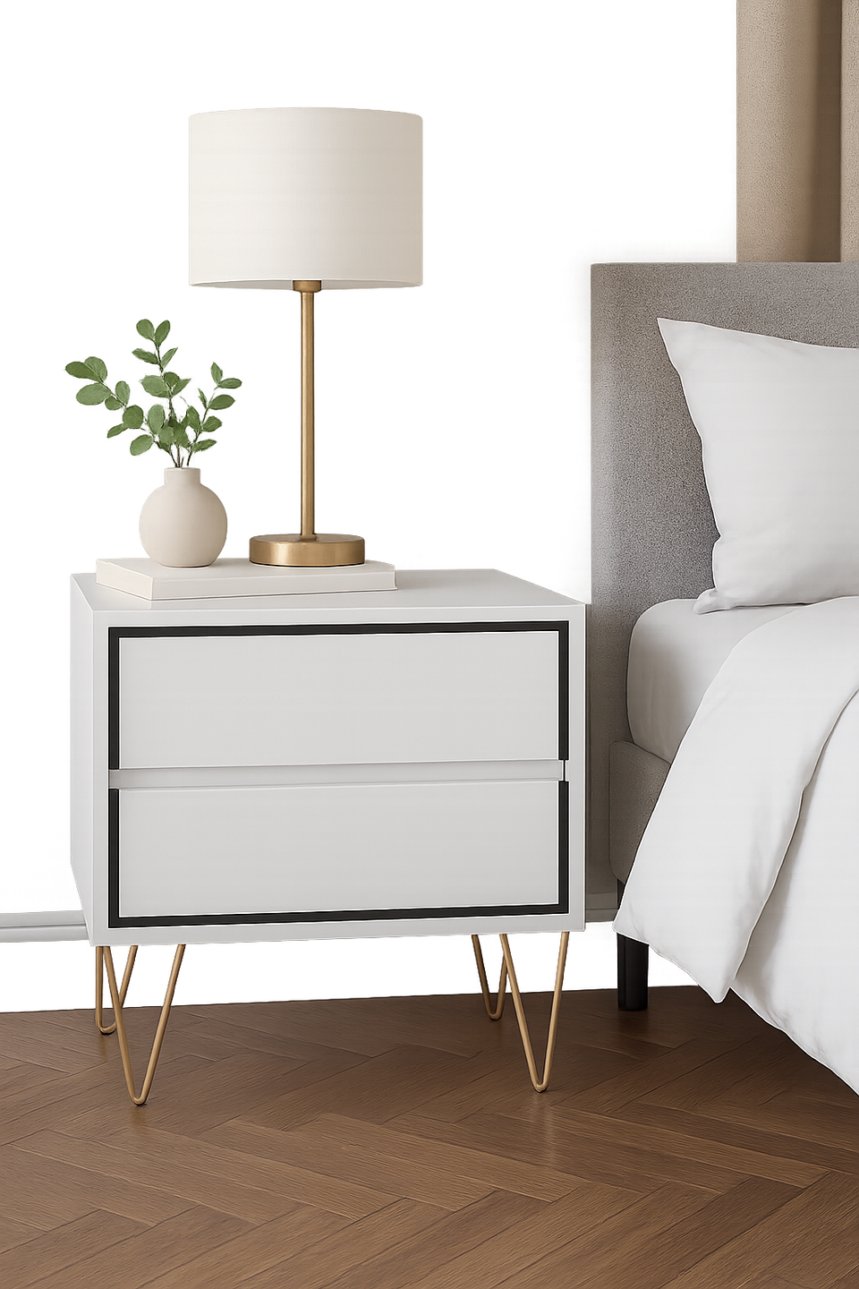 Fifomi 2 Drawer Bedside Table – Modern White Nightstand with Gold Legs and Storage Drawers Bedside Shelf Table for Bedroom