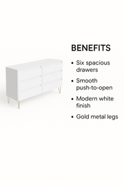 Fifi-Mo 6 Drawer Chest of Drawers Modern White Bedroom, Living Room Furniture with Gold Legs