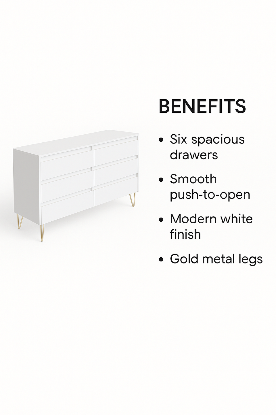 Fifi-Mo 6 Drawer Chest of Drawers Modern White Bedroom, Living Room Furniture with Gold Legs