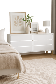 Fifi-Mo 6 Drawer Chest of Drawers Modern White Bedroom, Living Room Furniture with Gold Legs