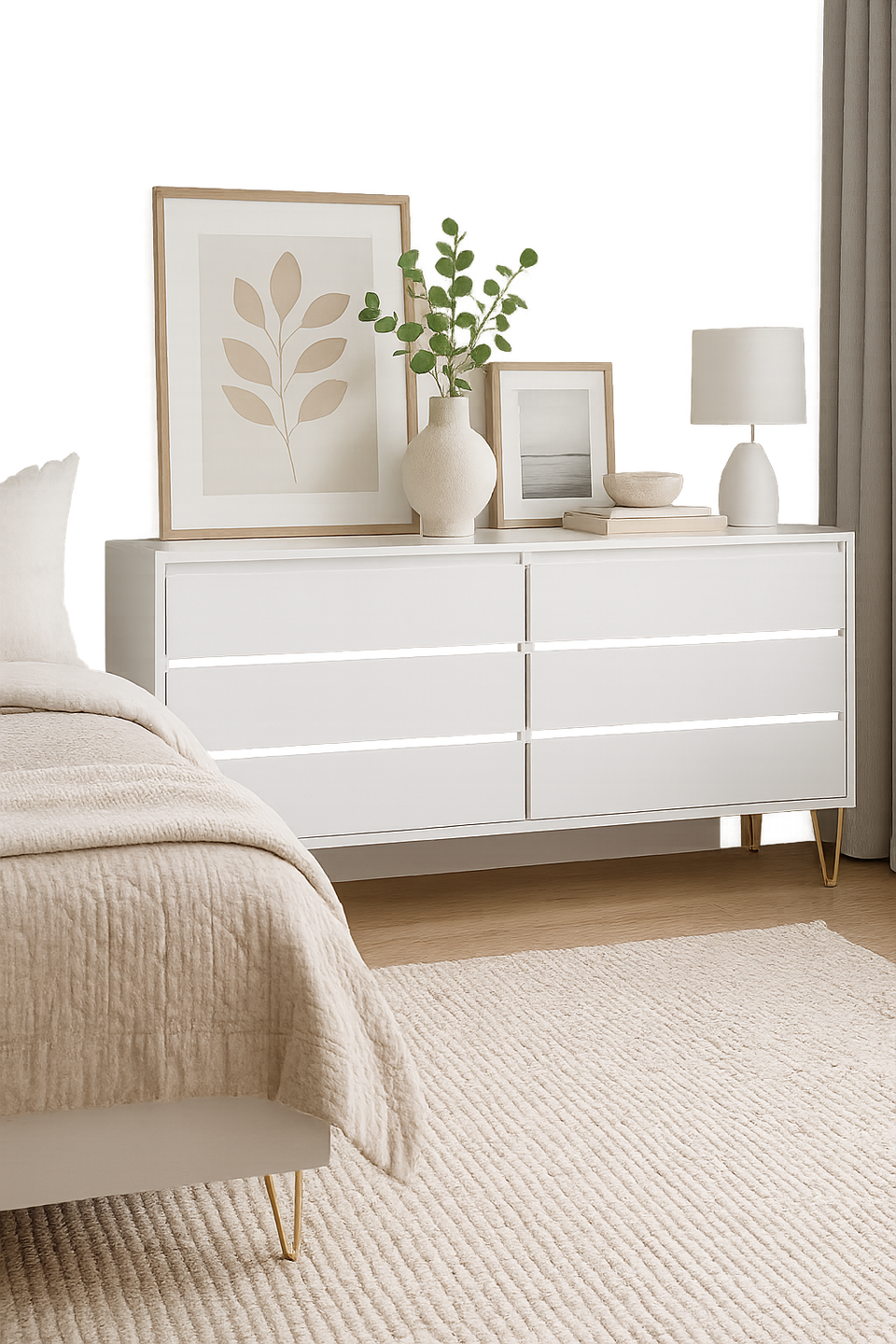Fifi-Mo 6 Drawer Chest of Drawers Modern White Bedroom, Living Room Furniture with Gold Legs