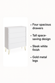 Fifomi 4 Drawer Chest – Modern White Chest of Drawers with Gold Legs Bedroom Storage Solution