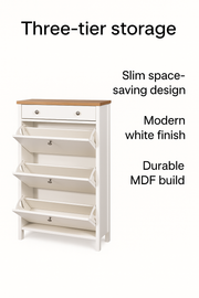 White wooden Agonmi 3-tier shoe cabinet by Lavish Kitchen Isle, space-saving shoe rack with multiple storage tiers.