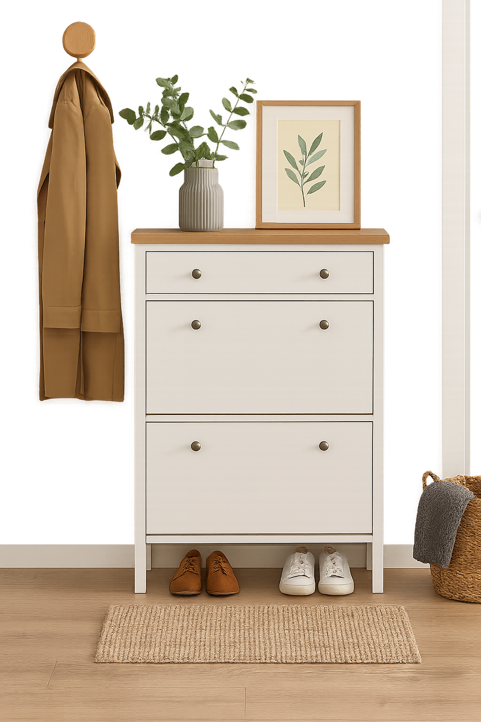 Agonmi 3 Tier Shoe Cabinet – White Wooden Shoe Rack Stand Storage Unit for Space Saving Organiser