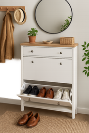 White wooden 3-tier shoe cabinet by Lavish Kitchen Isle, compact shoe rack for organized and space-saving footwear storage.