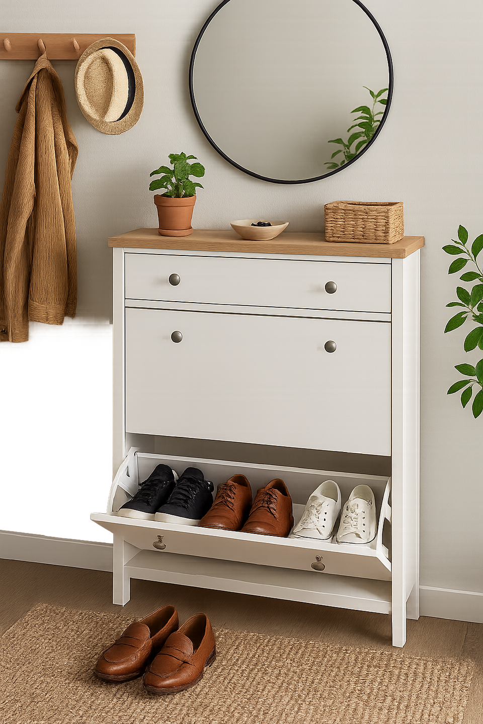 Agonmi 3 Tier Shoe Cabinet – White Wooden Shoe Rack Stand Storage Unit for Space Saving Organiser