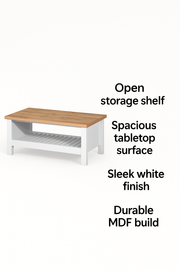 White Agonmi rectangular coffee table with storage shelf, modern living room furniture from Lavish Kitchen Isle, shown in a contemporary setting.
