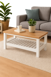 Lavish Kitchen Isle Agonmi rectangular white coffee table with storage shelf, modern living room furniture, wood finish and sleek design.
