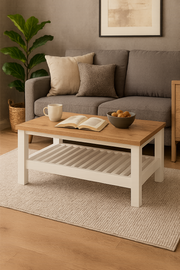 White rectangular coffee table with storage shelf by Lavish Kitchen Isle, ideal for modern living room furniture.
