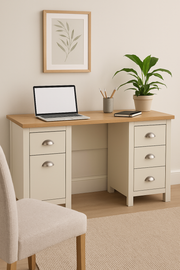 Ite Cream and Oak Effect Desk with 4 Drawers and Cupboard Home Office Computer Study Desk Table
