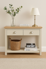 Ite Cream and Oak Effect Console Table 2 Drawer Sideboard Cabinet Storage for Living and Dining Room Furniture - Lavish Kitchen Isle