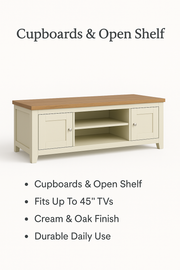 Ite Cream and Oak Effect TV Stand Cabinet Unit Modern Media Storage for Living Room - Lavish Kitchen Isle