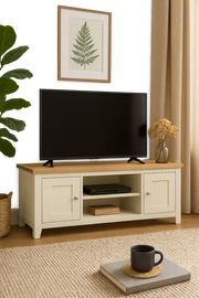Ite Cream and Oak Effect TV Stand Cabinet Unit Modern Media Storage for Living Room - Lavish Kitchen Isle