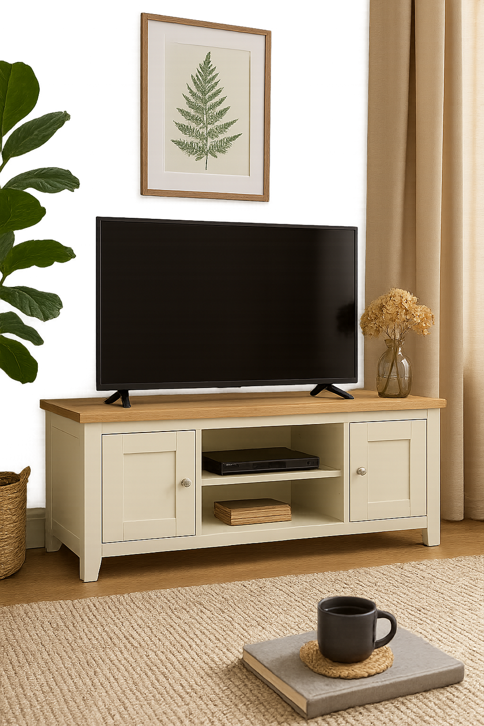 Ite Cream and Oak Effect TV Stand Cabinet Unit Modern Media Storage for Living Room