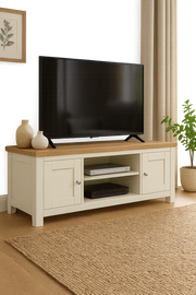 Ite Cream and Oak Effect TV Stand Cabinet Unit Modern Media Storage for Living Room - Lavish Kitchen Isle
