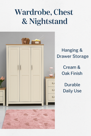 Lavish Kitchen Isle Ite 3-piece bedroom set with cream and oak finish, includes wardrobe, chests of drawers, and bedside table.