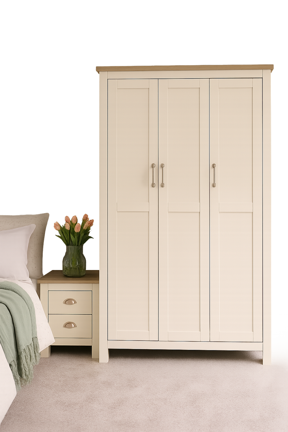 Ite 3 Piece Bedroom Set - 3 Door Wardrobe, 2+2 Chest of Drawers, 2 Drawer Bedside Table - Cream and Oak Effect