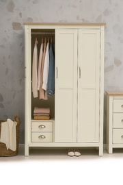 Lavish Kitchen Isle Ite 3-piece bedroom set with cream and oak effect includes wardrobe, chests of drawers, and bedside table.