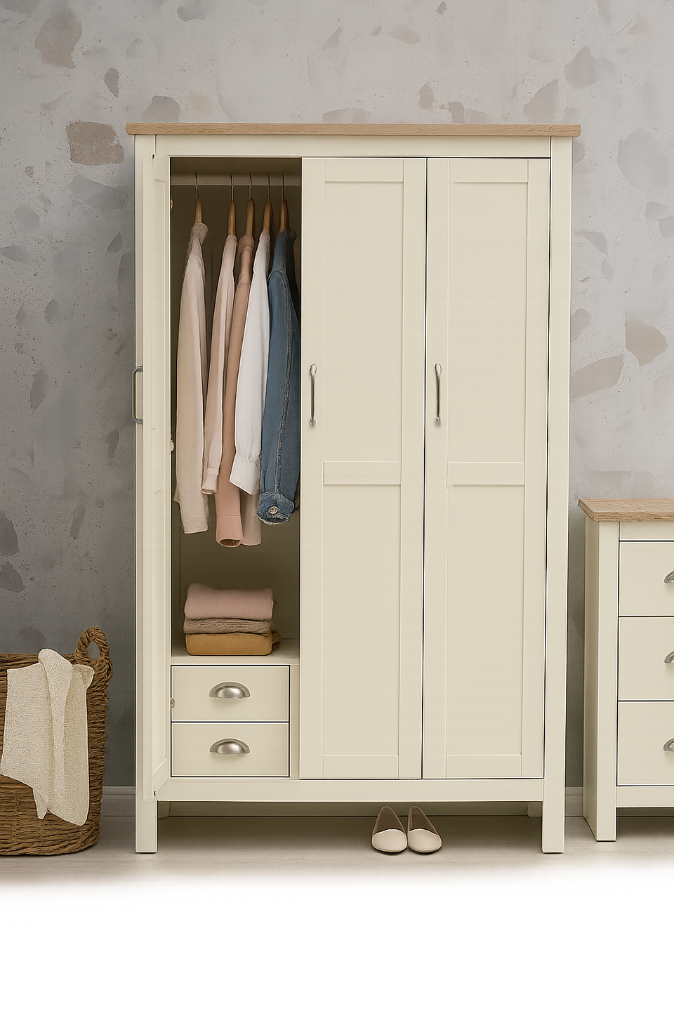 Ite 3 Piece Bedroom Set - 3 Door Wardrobe, 2+2 Chest of Drawers, 2 Drawer Bedside Table - Cream and Oak Effect