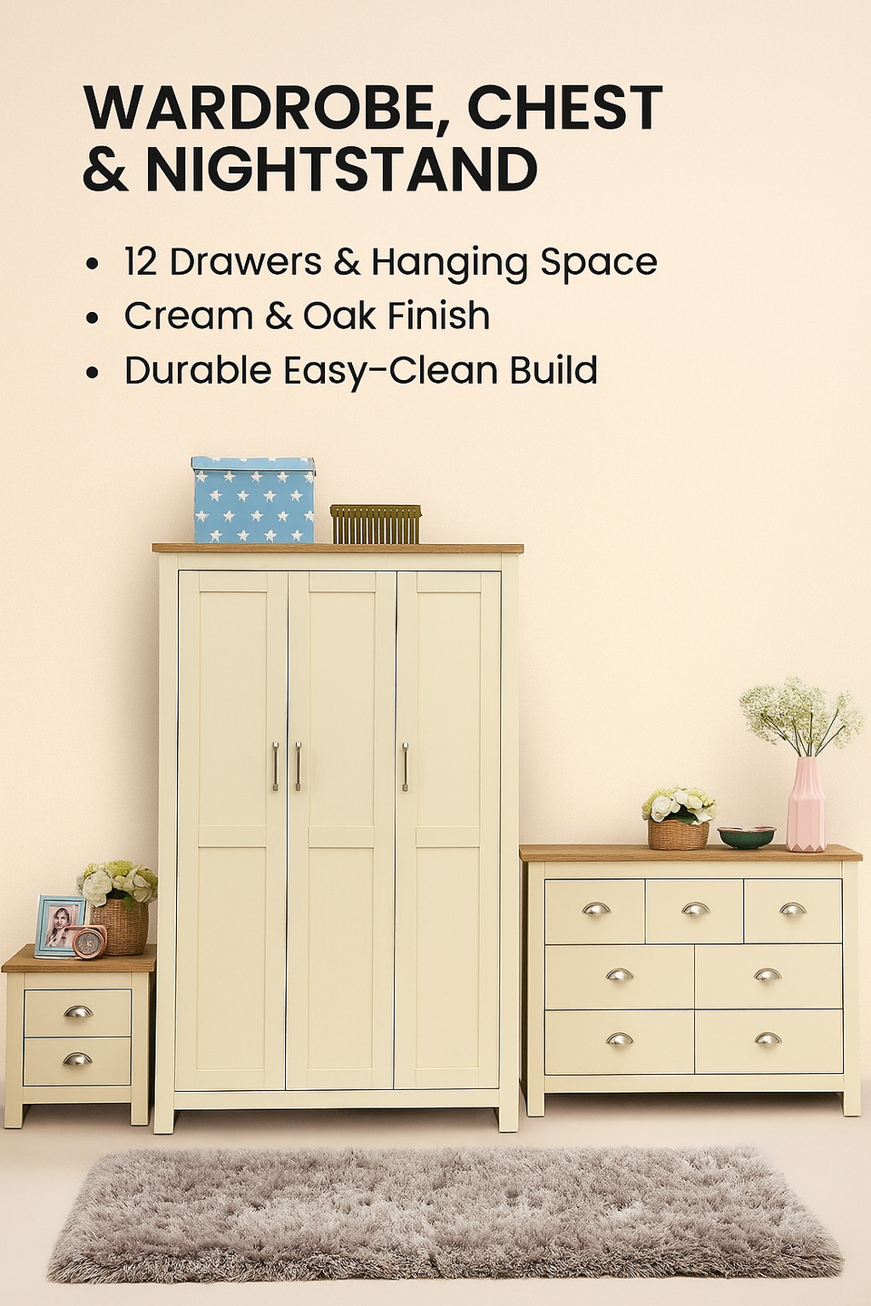 Ite 3 Piece Bedroom Set 3 Door Wardrobe, 3+4 Chest of Drawers, 2 Drawer Bedside Table - Cream and Oak Effect