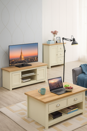 Ite 3 Piece Living Room Set 2 Door TV Unit, 1 Door Sideboard, 2 Drawer Coffee Table - Cream & Oak Effect - Lavish Kitchen Isle