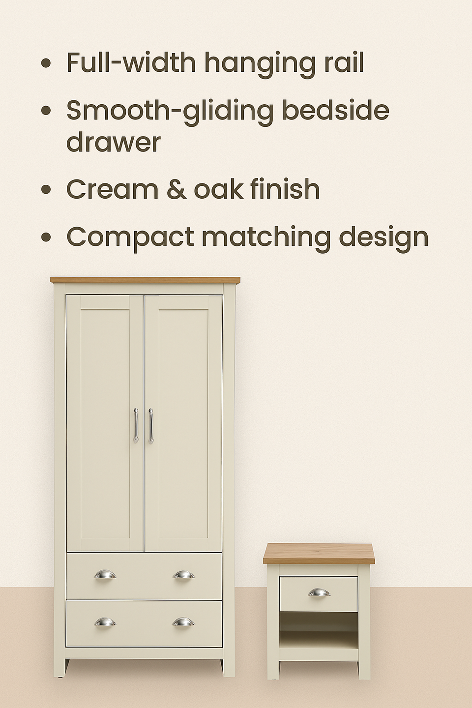 Ite 2 Piece Bedroom Set  2 Door Wardrobe & 1 Drawer Bedside Table - Cream & Oak Effect