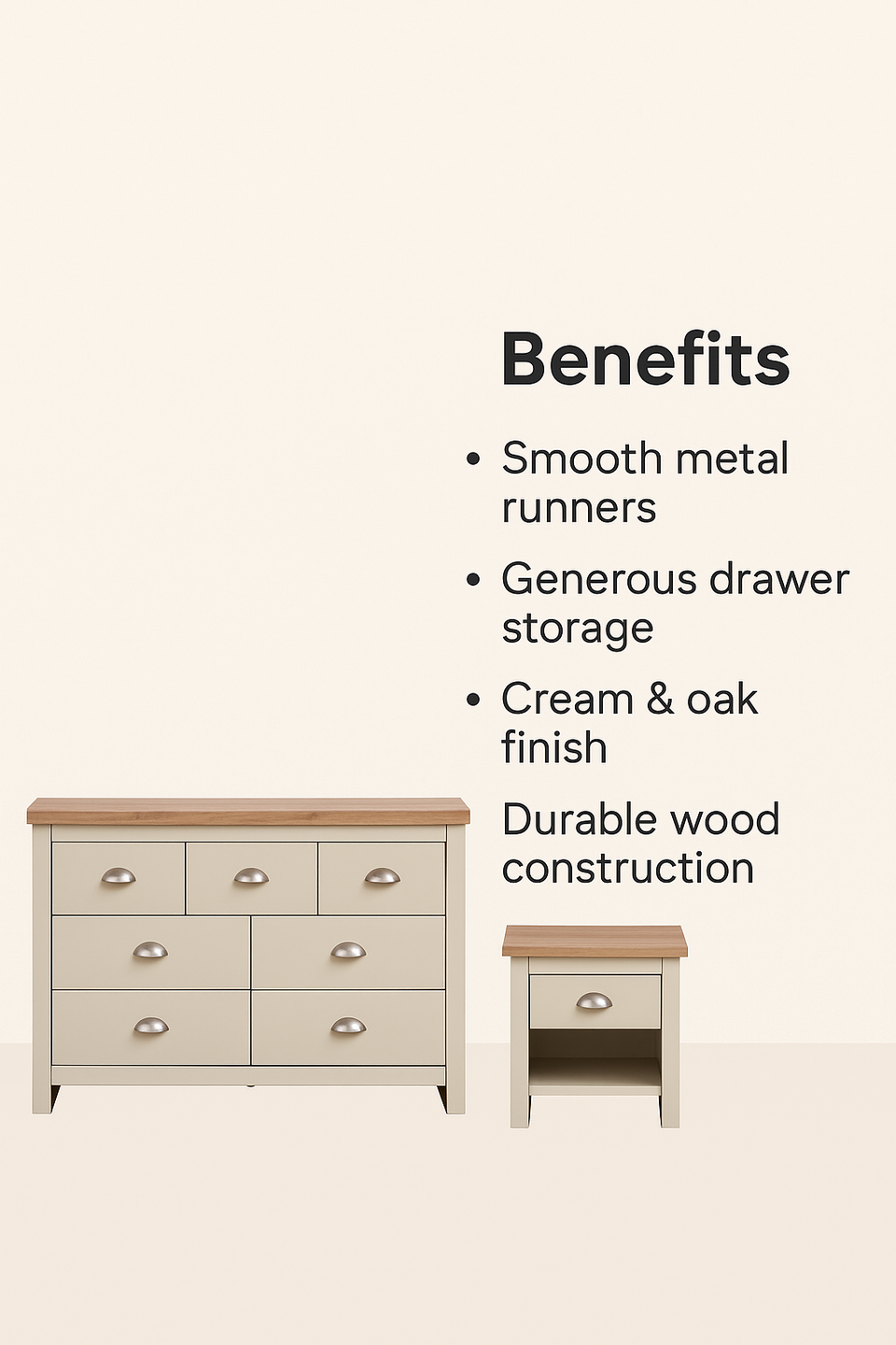 Ite 2 Piece Bedroom Set (3+4 Chest of Drawers, 1 Drawer Bedside Table) Cream & Oak Effect