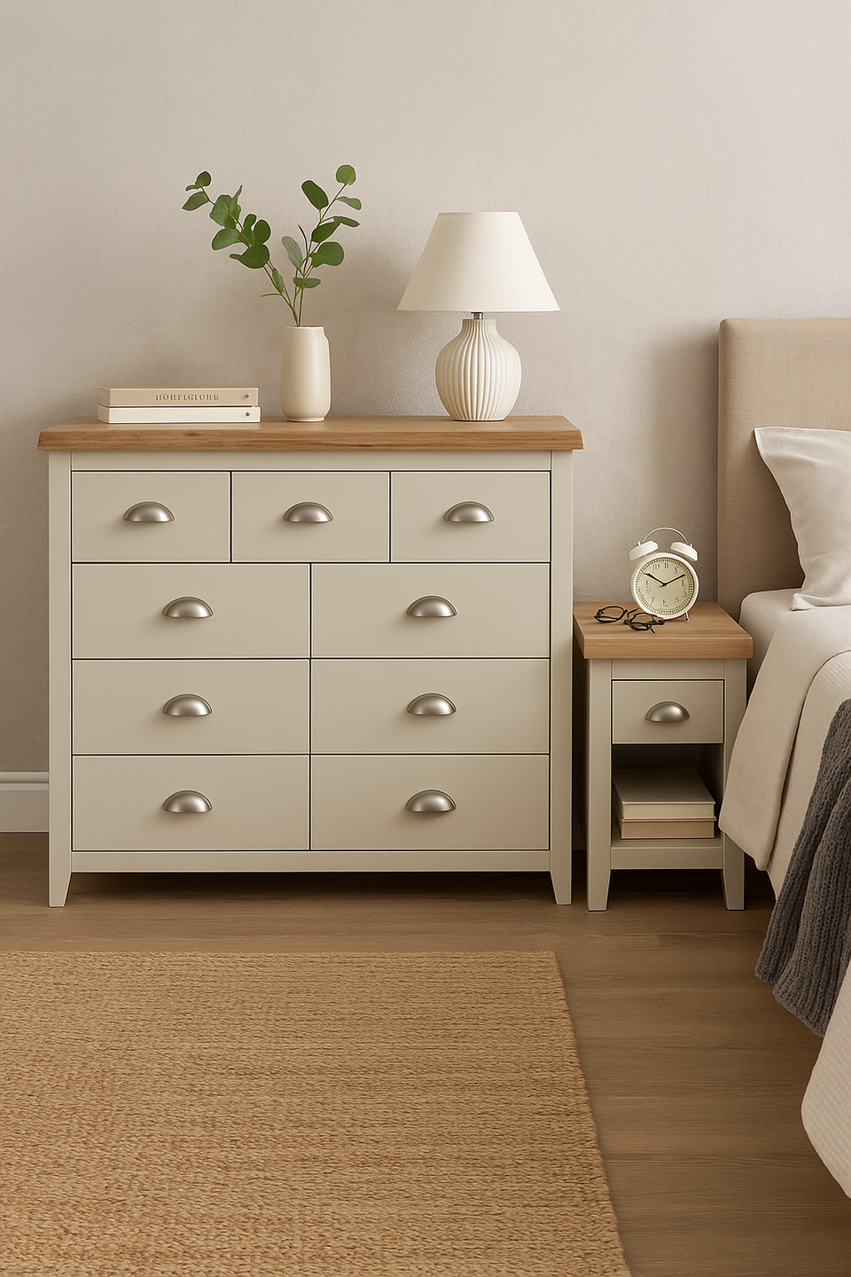 Ite 2 Piece Bedroom Set (3+4 Chest of Drawers, 1 Drawer Bedside Table) Cream & Oak Effect