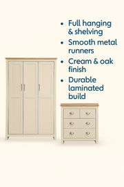 Cream and oak effect Lavish Kitchen Isle Ite 2-piece bedroom set with a 3-door wardrobe and 2+2 chest of drawers, displayed in a room setting.
