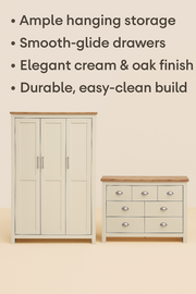 Lavish Kitchen Isle Ite 2-piece bedroom set with cream and oak effect wardrobe and chest of drawers, stylish and spacious storage.