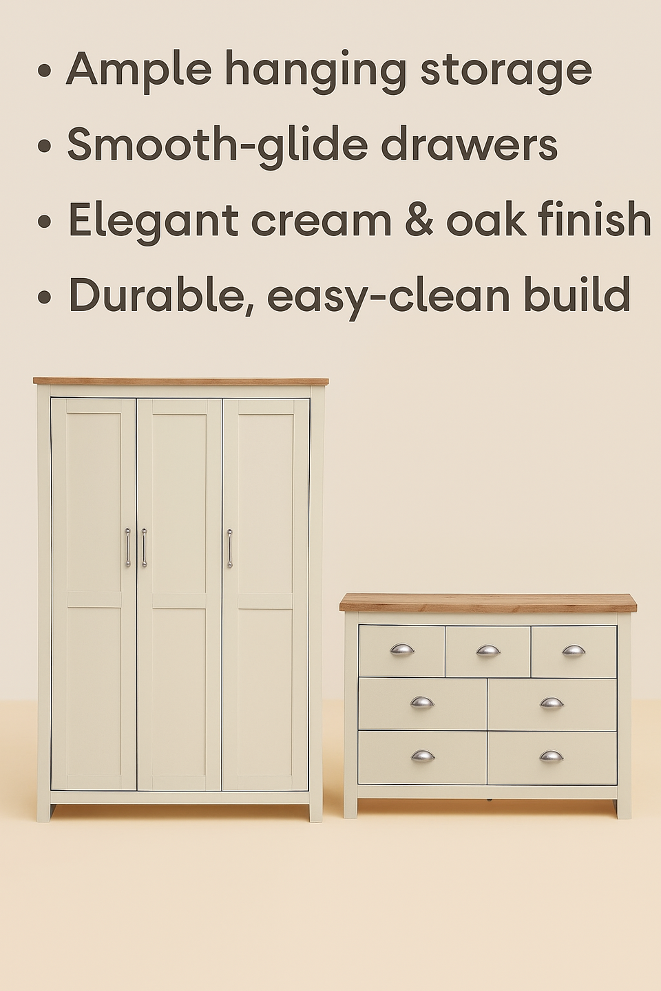 Ite 2 Piece Bedroom Set (3 Door Wardrobe, 3+4 Chest of Drawers) – Cream & Oak Effect