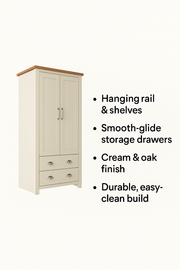 Lavish Kitchen Isle Ite 2-door wardrobe with cream and oak finish, featuring hanging rail, shelves, and drawers for storage.